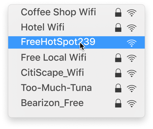 List of public wifi names, highlighting the network that doesn't include the padlock, indicating that it is insecure.