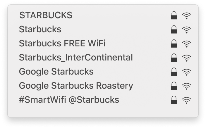 List of fake wifi names used to trick people into thinking they're connecting to a safe network: STARBUCKS, Starbucks, Starbucks FREE WiFi, Starbucks_InterContinental, Google Starbucks, Google Starbucks Roastery, #SmartWifi @Starbucks.