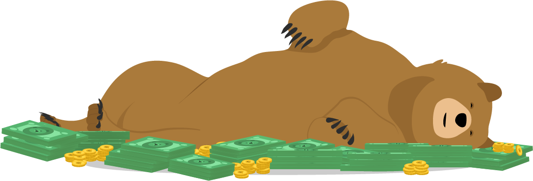 Cartoon grizzly bear rolling in money piles with joy